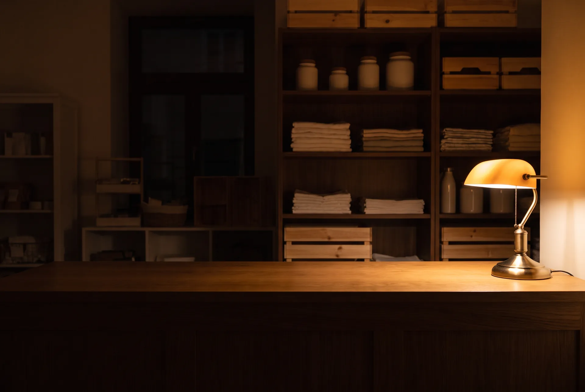 A small retail counter tidied down for the night, one warm lamp still on.