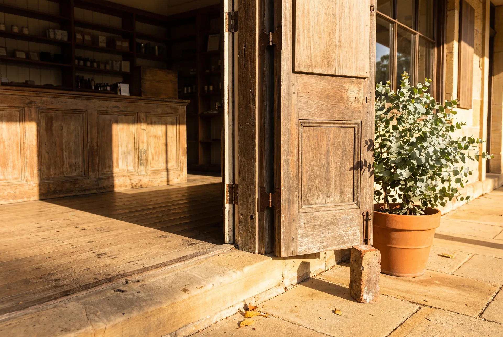 A timber shop door propped open onto a sunlit footpath, morning light reaching across the floorboards inside.