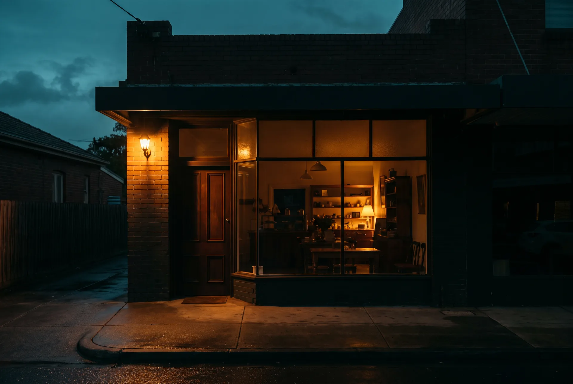 A small shopfront locked up for the night, warm light still on inside.